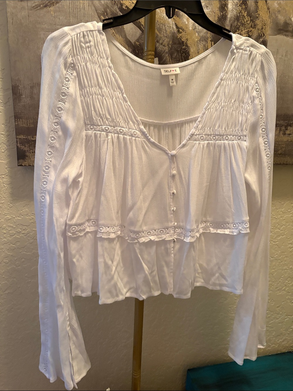 Selfie White Peasant Blouse with Lace Trim